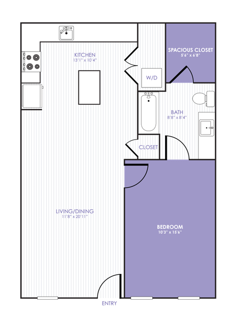 Floor plan for 1 bed, 1 bath, 675 sqft